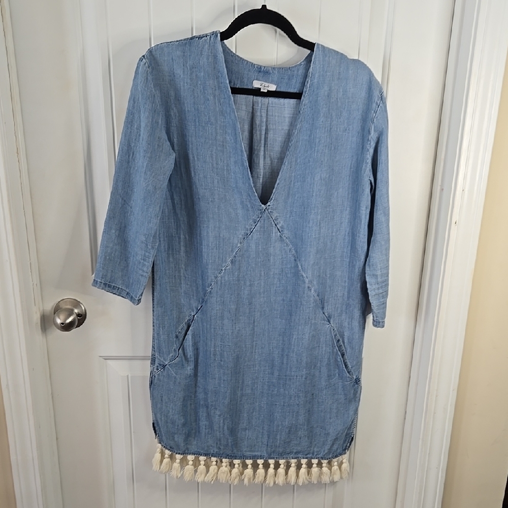 Rails Denim Chambray Tassel Hem Dress 3/4 Sleeve V-Neck Boho Cowgirl Coastal